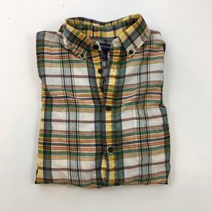 Lands End Yellow Green Plaid Button Down Shirt